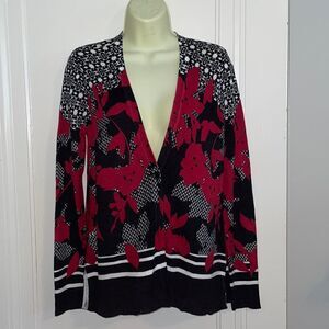 Chico’s red, black & white multi pattern thin cardigan sweater